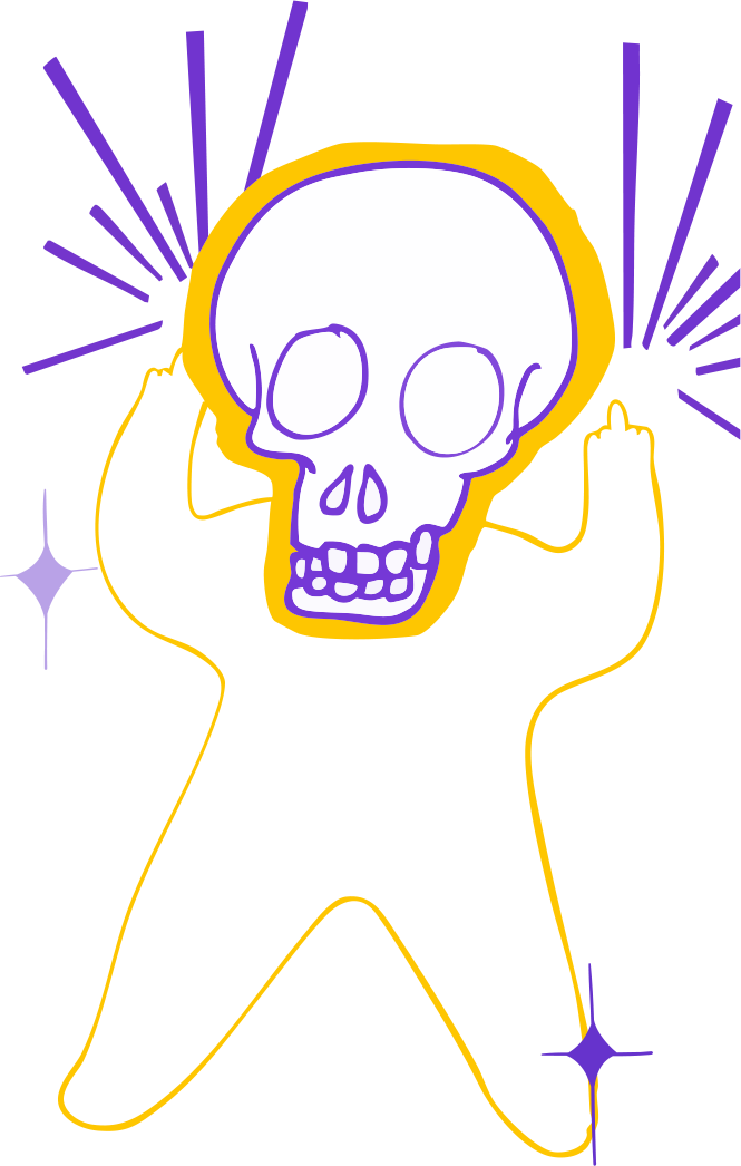 A figure with its two hands up flipping the finger and its face is a skull