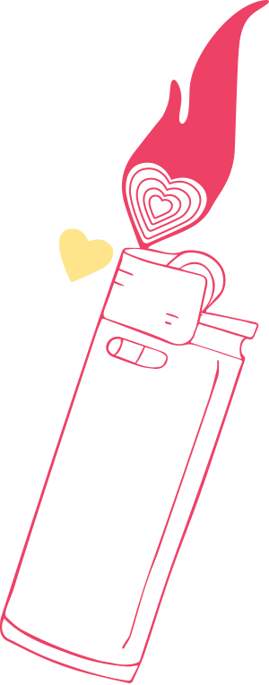 A lighter with fire and hearts