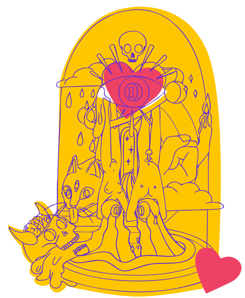 This illustration of a rebel altar includes two figures standing on their head, a skull with brains and horns, a cat with a third eye a portal to liminal space an all seeing eye with love and a middle finger with a candle on it.