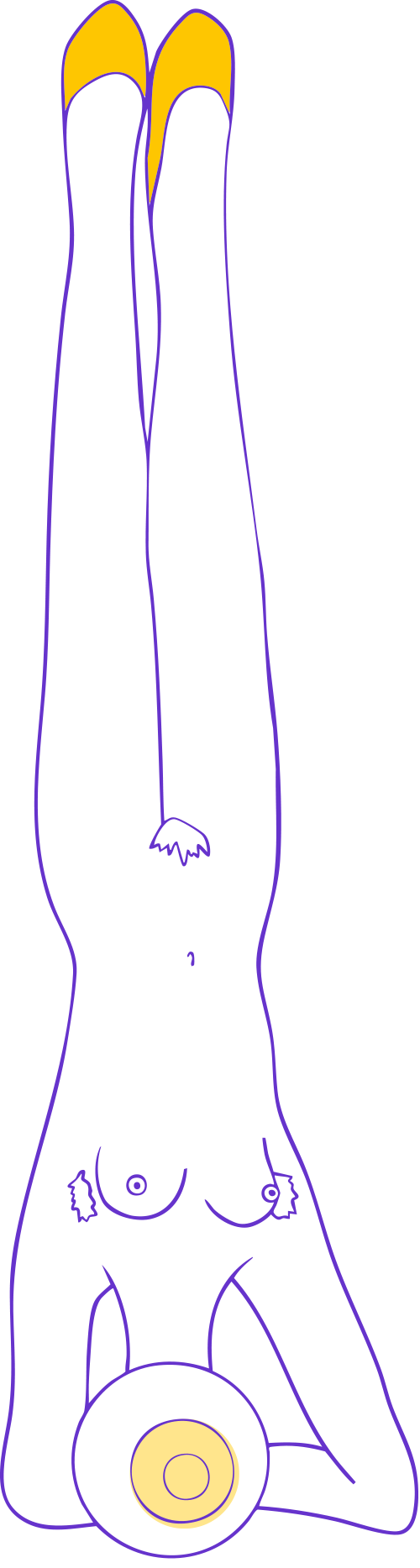 A naked figure with yellow shoes and an eye-shaped head is standing on its head.