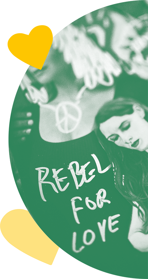Rebel for love collage art with peace sign and female figures.
